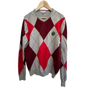 Men's Lyle and Scott Sweater Red Burgundy Gray Argyle‎ Cotton Golf Athleisure M